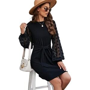 NWT BMJL Black Ribbed Sheer Dot Sleeve Tie Waist Midi Dress XL BEAUTIFUL Sheer